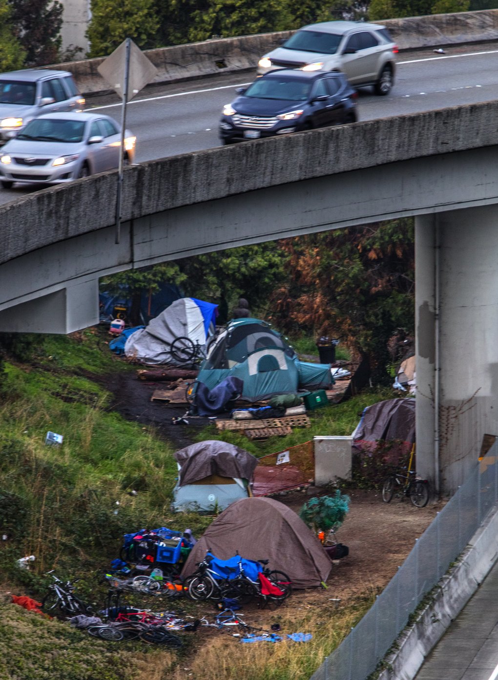 Friday October 23, 2015. Squaters camping out under the Highway 5 overpass to Highway 90 in Seattle.